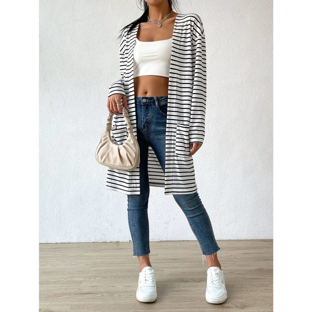 Striped Open Front cardigan sweater white - Picture 3 of 6